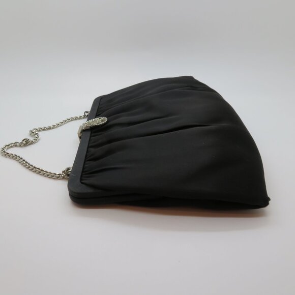 Vintage Handheld Clutch Chain Strap Black Satin Purse Bag Frame Evening Silver - Picture 8 of 12